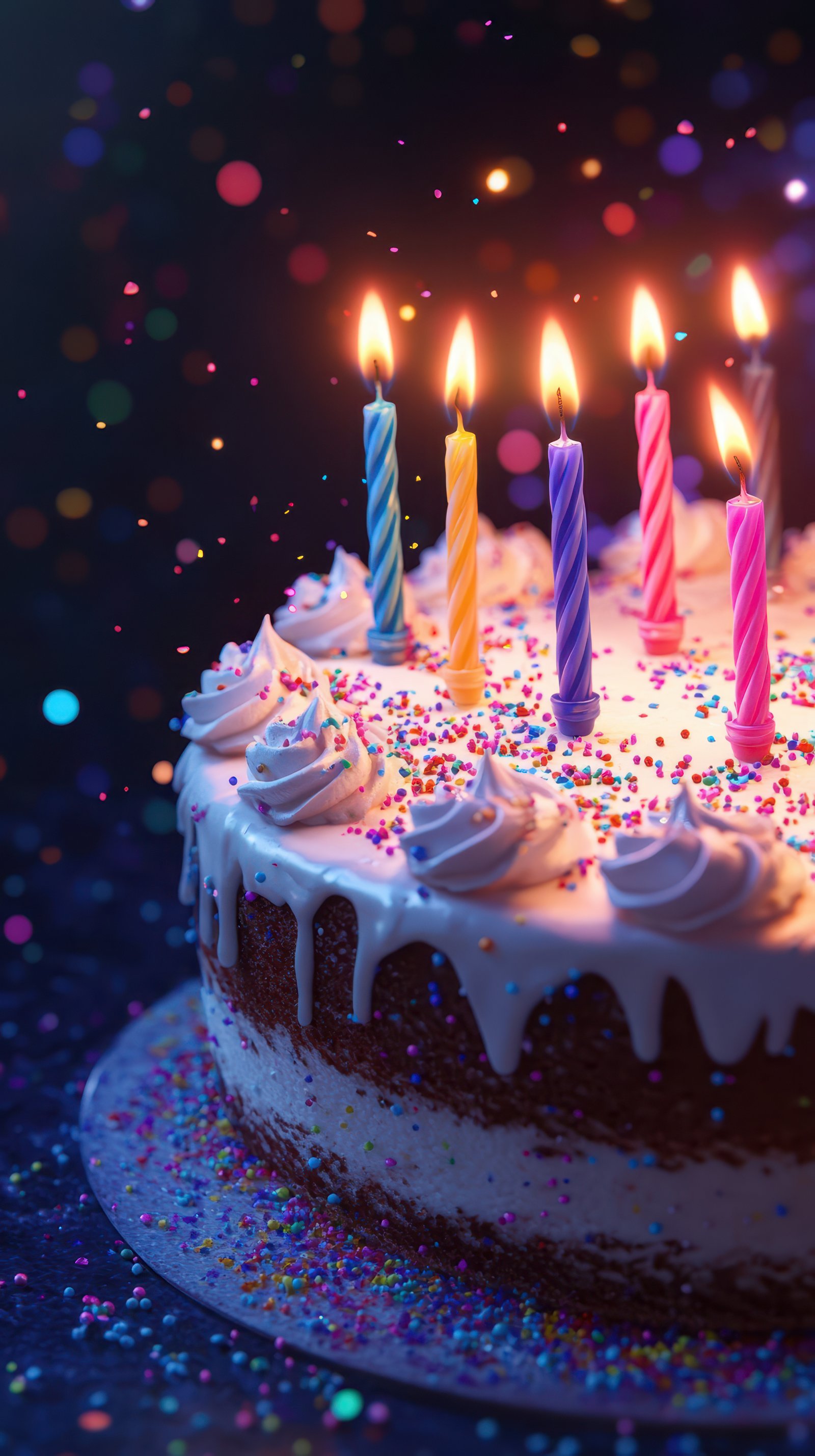 Colorful birthday cake with lit candles surrounded by sparkles on a dark background during a celebratory occasion